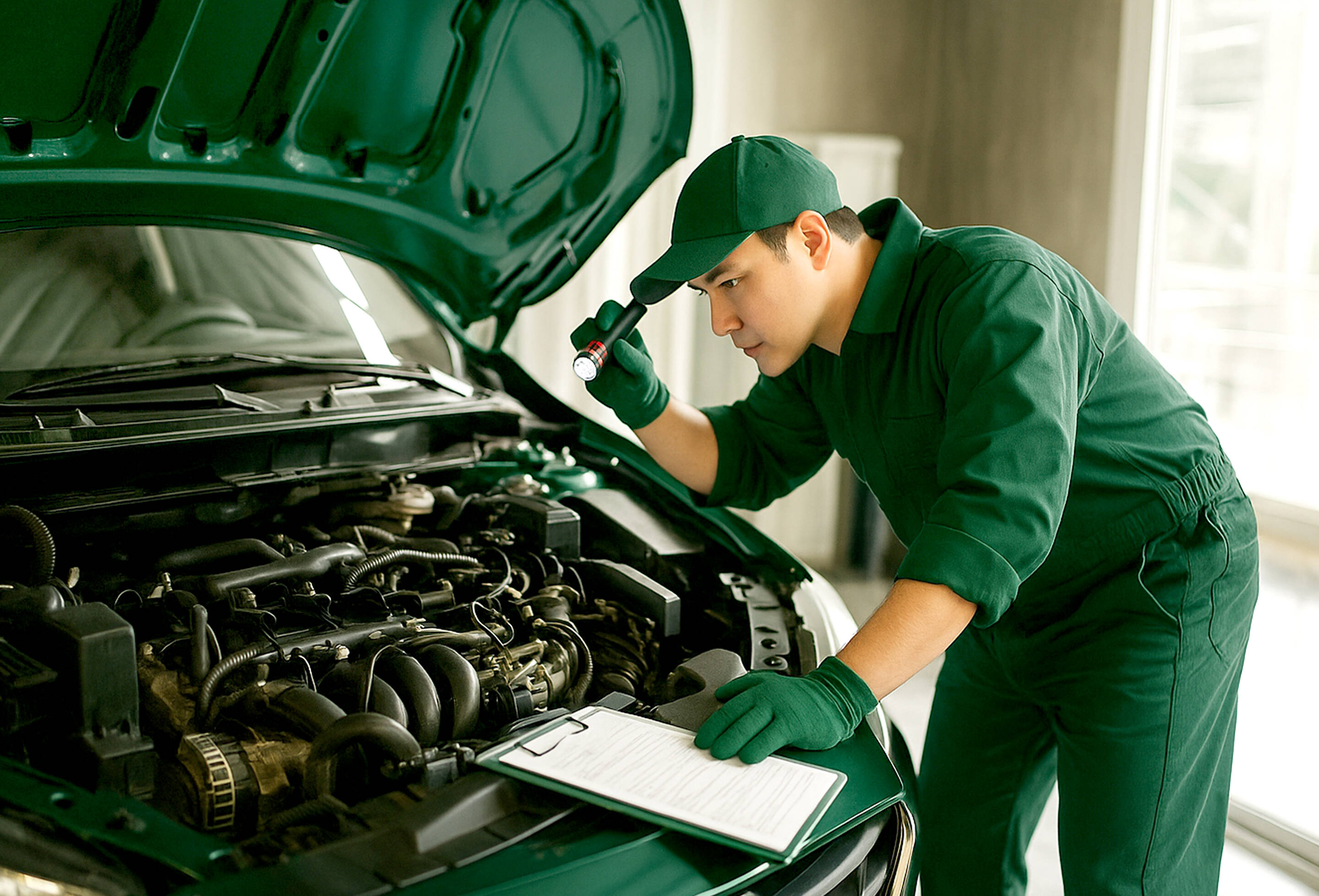 車のエンジンをチェックする整備士