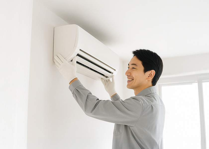 エアコンを設置する作業員