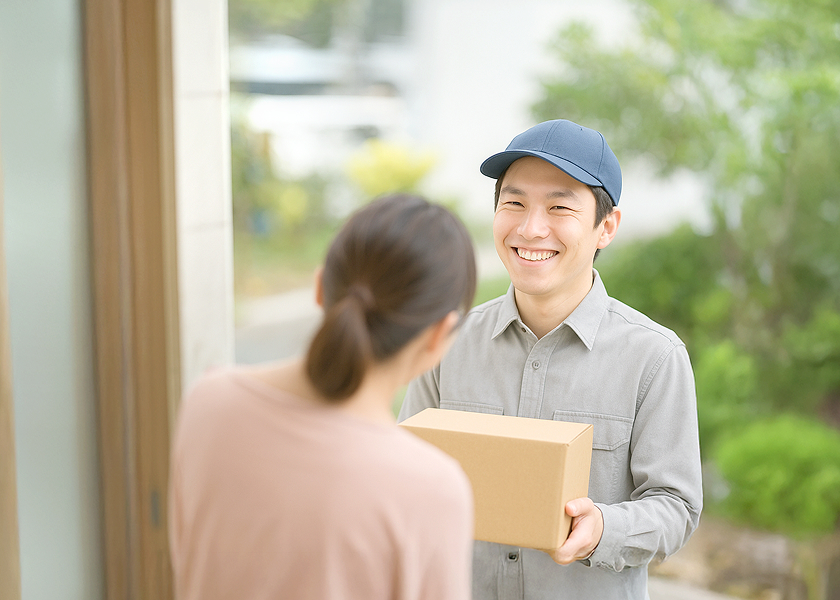 荷物をお客様に手渡す配達員