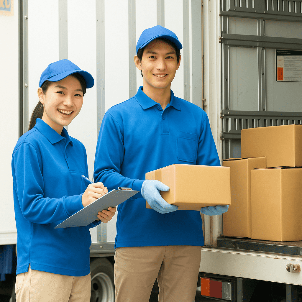 荷物を持つ配送員と荷物をチェックする配送スタッフ