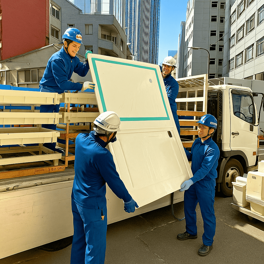 住宅資材をトラックに乗せる男性達