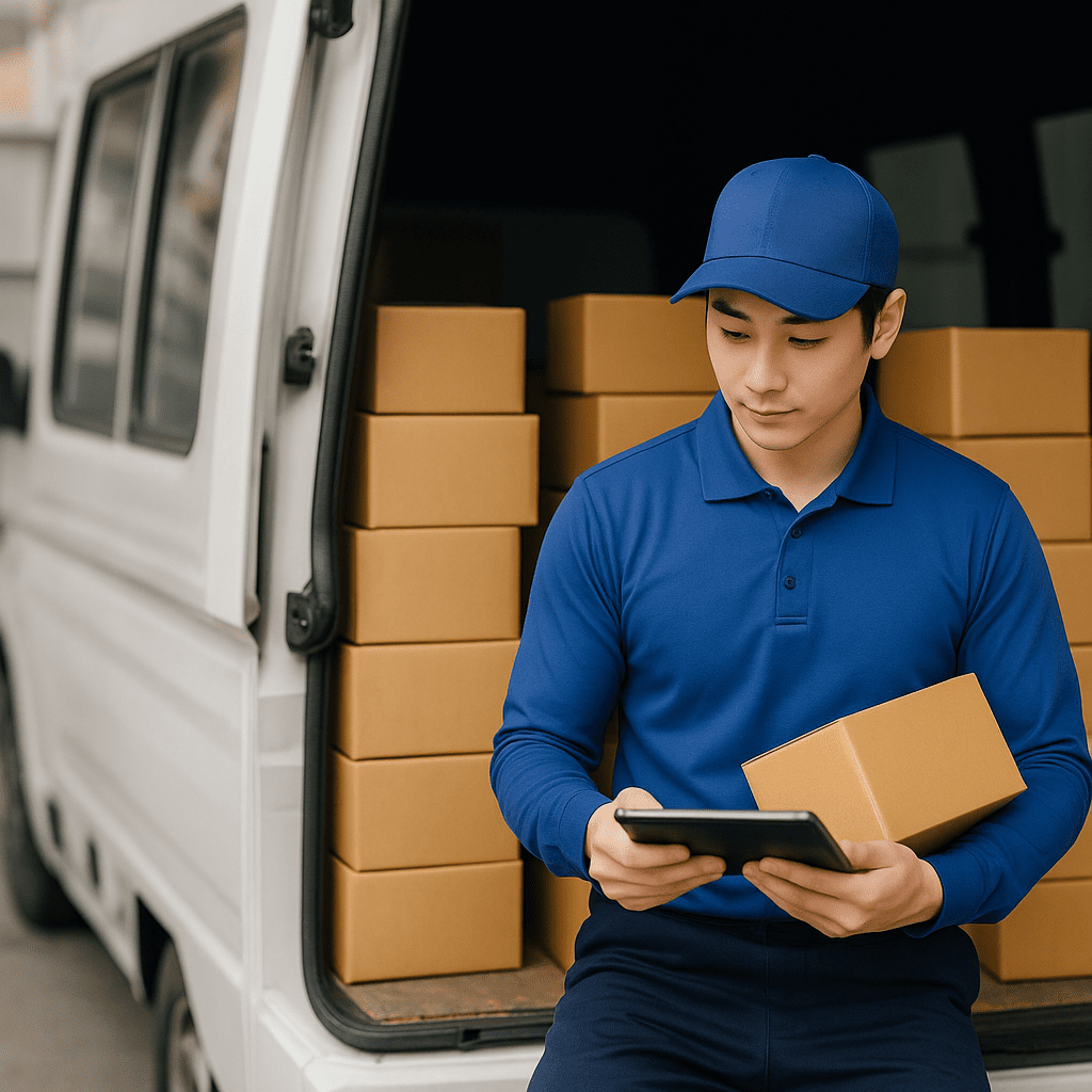 配達の荷物をチェックする配送員