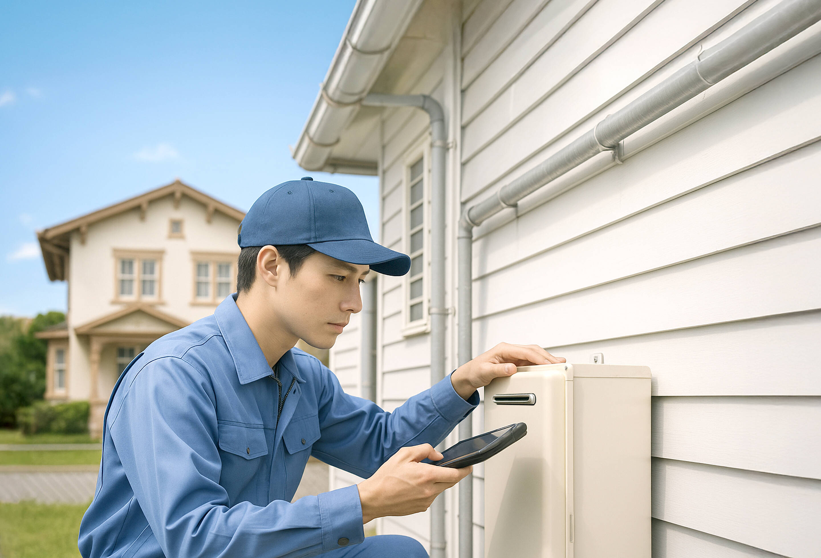 給湯器を点検する作業員